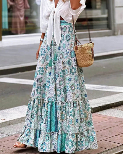 Celeste Flowy Boho Print Ruffled Hem Skirt
