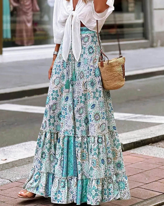 Celeste Flowy Boho Print Ruffled Hem Skirt