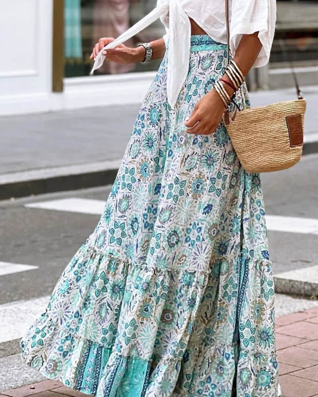 Celeste Flowy Boho Print Ruffled Hem Skirt
