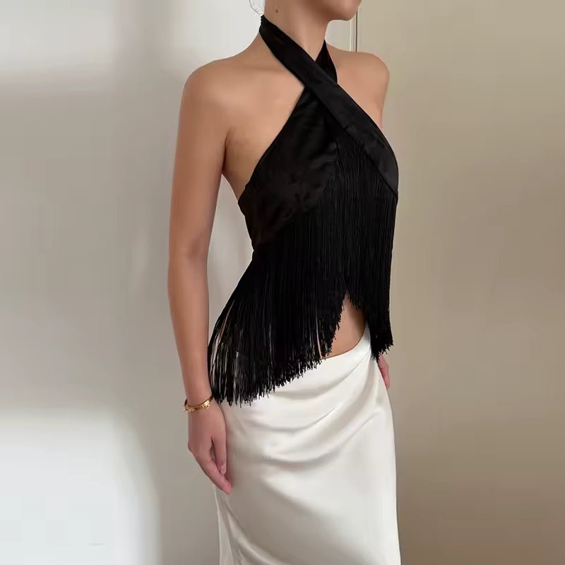 Amelie Satin Fringed Halter Top