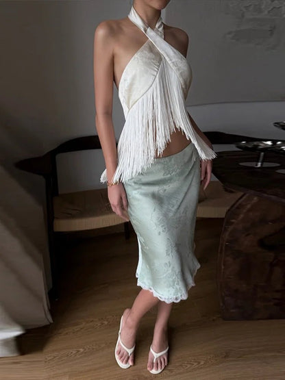 Amelie Satin Fringed Halter Top
