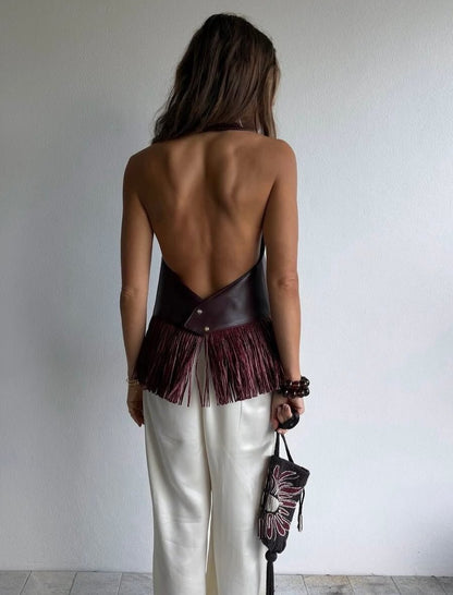 Sierra Faux Leather Fringe Halter Top