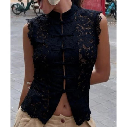 Beatrix Sheer Lace Mandarin Collar Blouse