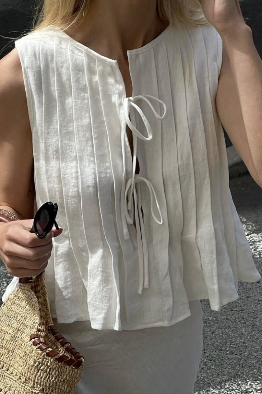 Juvy Tie Front Pleated Linen Tank Top