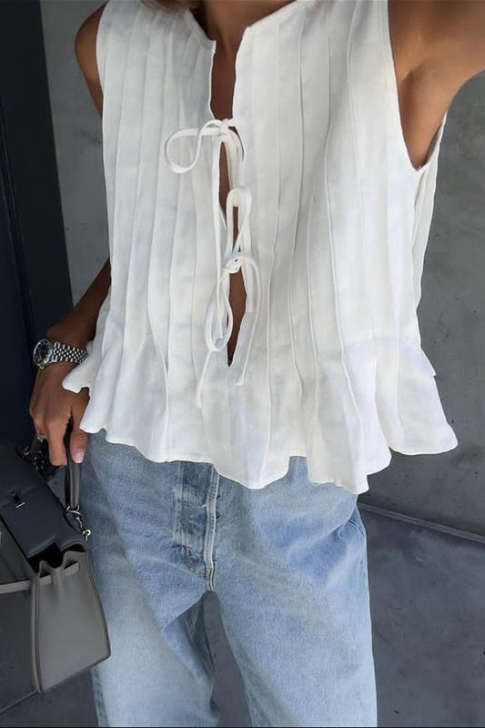 Juvy Tie Front Pleated Linen Tank Top