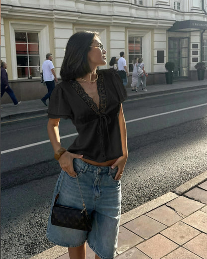 Rosette Lace Short Sleeve V-Neck Top