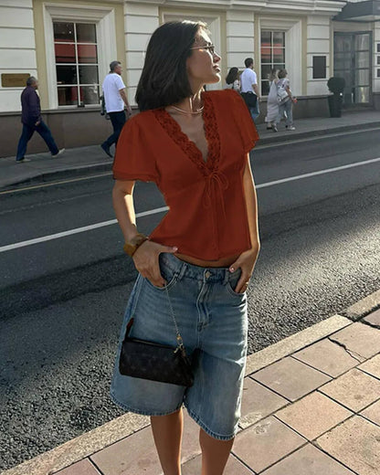 Rosette Lace Short Sleeve V-Neck Top