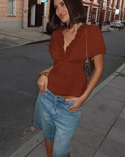 Rosette Lace Short Sleeve V-Neck Top