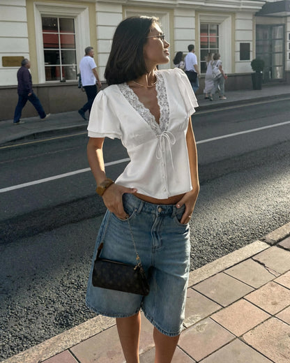 Rosette Lace Short Sleeve V-Neck Top