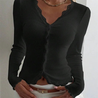 Roxana Ribbed Lace Trim V-Neck Blouse