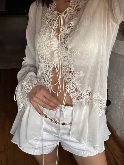 Simone Front-Tie Lace Appliqué Top