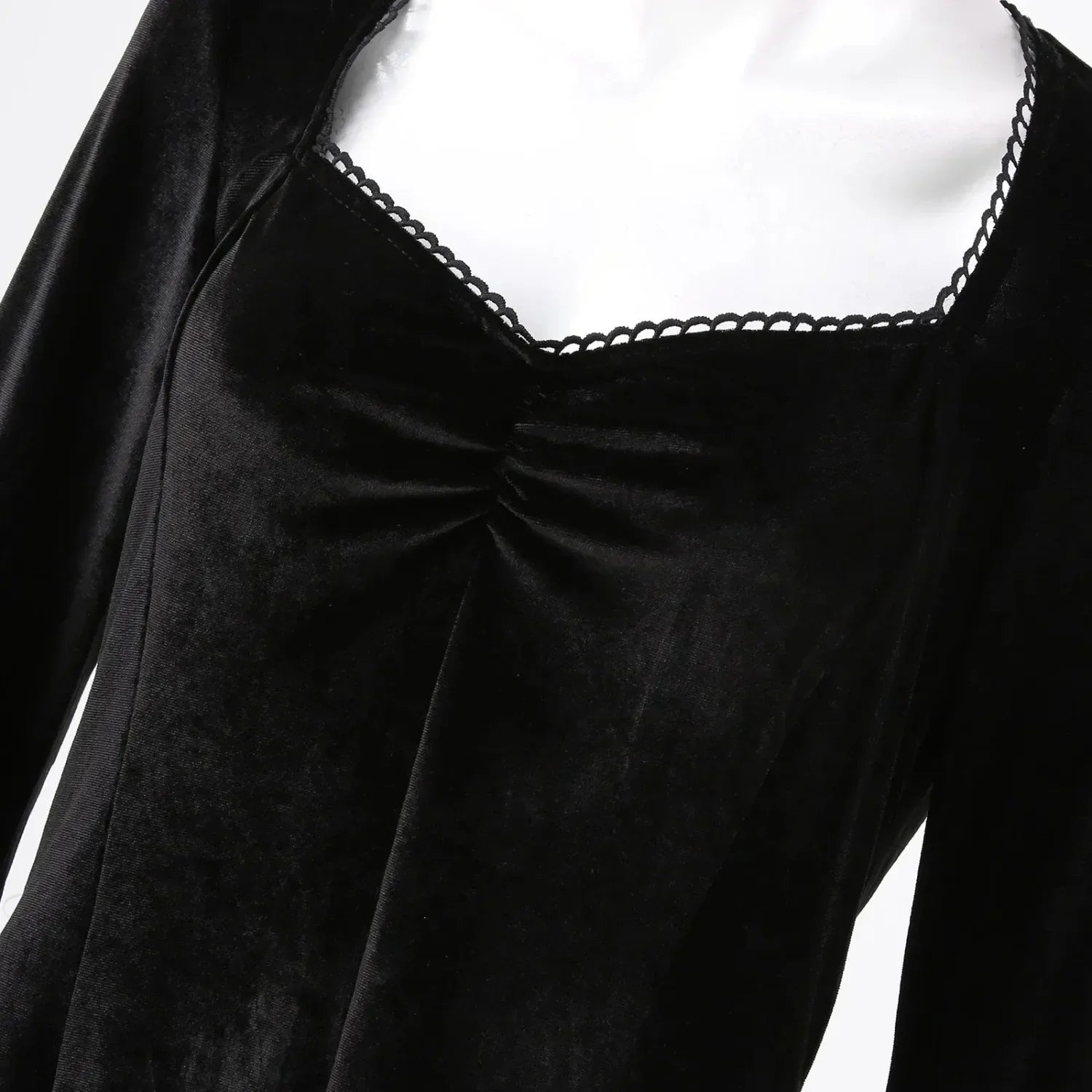 Velvet Sweetheart Ruched Bodice Lace Panel Bell Sleeve Mini Dress