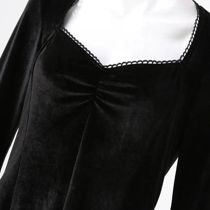 Velvet Sweetheart Ruched Bodice Lace Panel Bell Sleeve Mini Dress