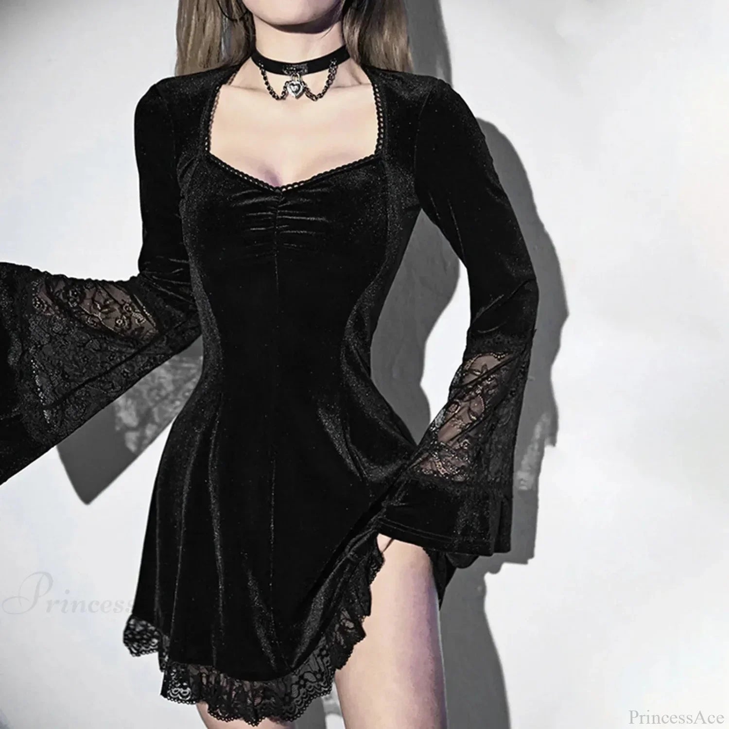 Velvet Sweetheart Ruched Bodice Lace Panel Bell Sleeve Mini Dress