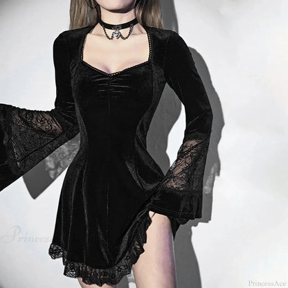 Velvet Sweetheart Ruched Bodice Lace Panel Bell Sleeve Mini Dress