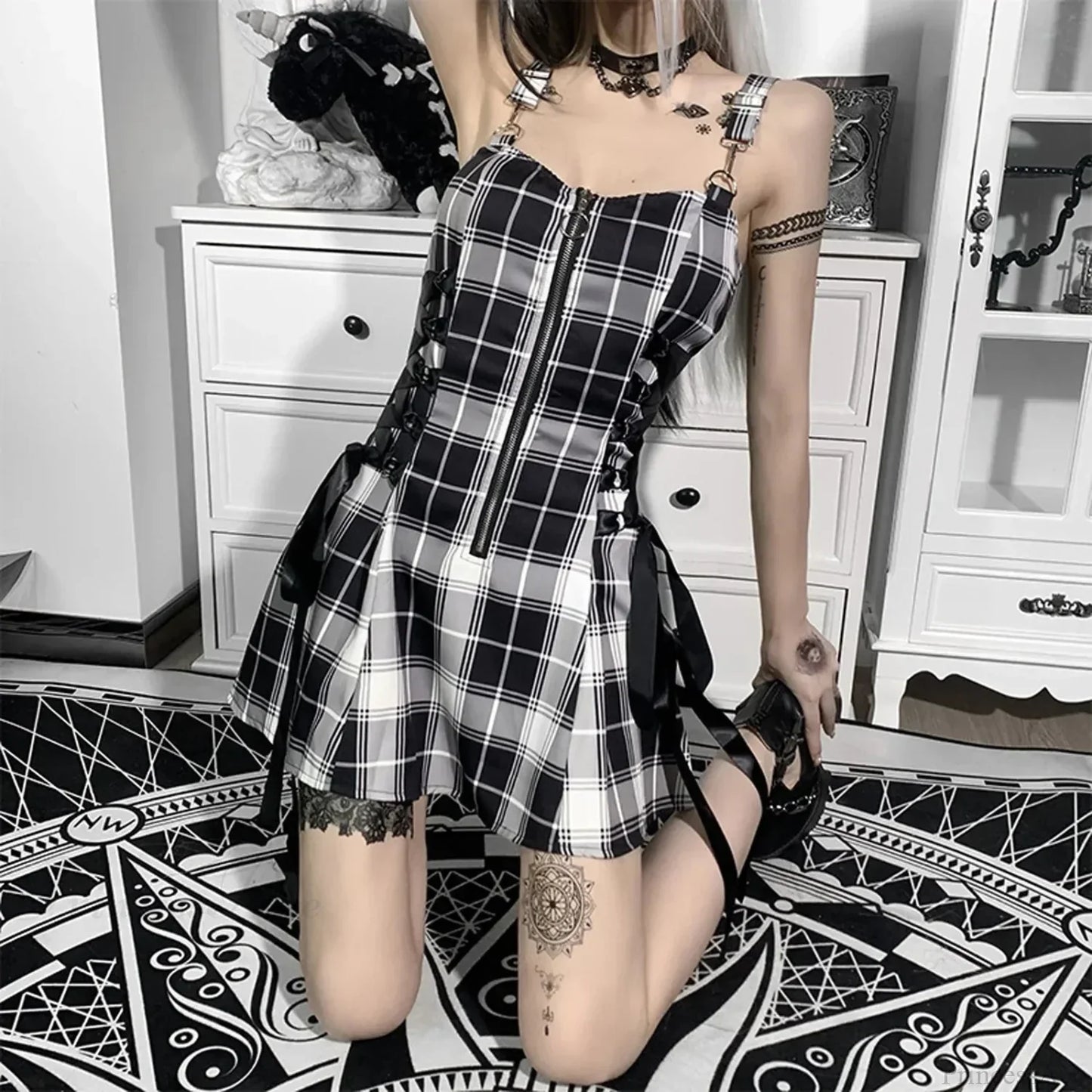 Plaid Zip Front Lace-Up Side Ribbon Panel Skater Mini Dress