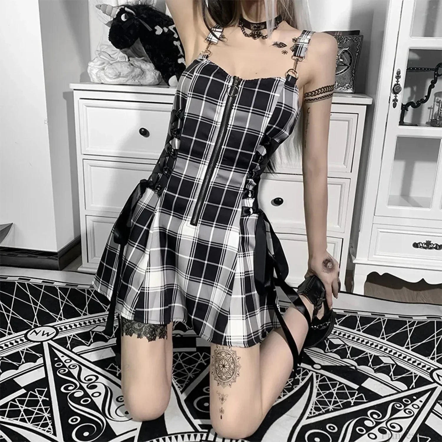 Plaid Zip Front Lace-Up Side Ribbon Panel Skater Mini Dress