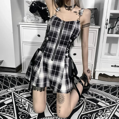 Plaid Zip Front Lace-Up Side Ribbon Panel Skater Mini Dress