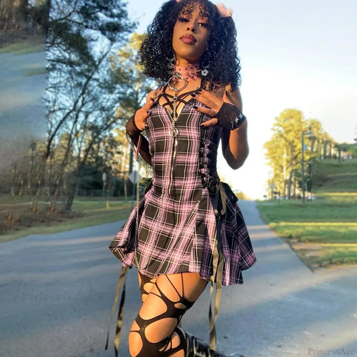 Plaid Zip Front Lace-Up Side Ribbon Panel Skater Mini Dress