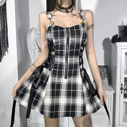 Plaid Zip Front Lace-Up Side Ribbon Panel Skater Mini Dress