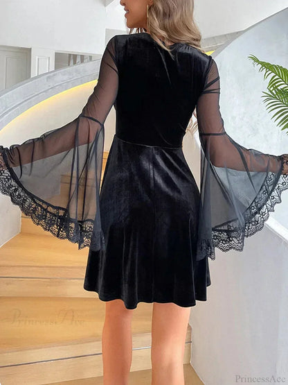 Velvet Sweetheart Lace Trim Sheer Mesh Bell Sleeve Flared Mini Dress