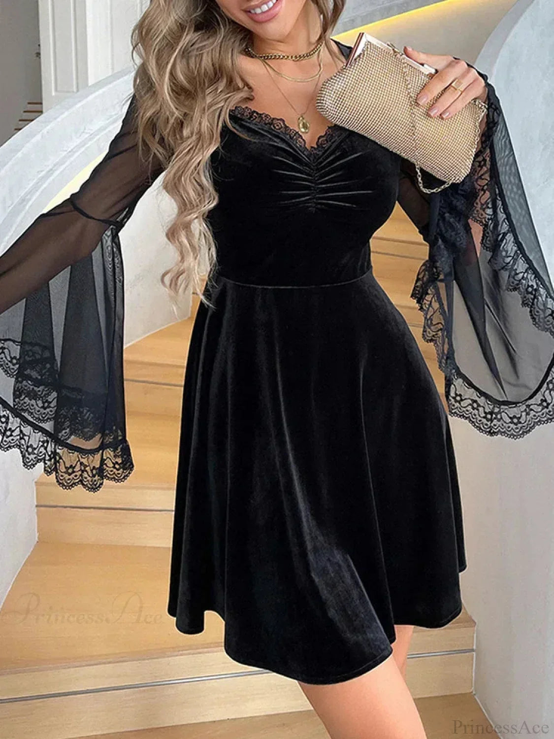 Velvet Sweetheart Lace Trim Sheer Mesh Bell Sleeve Flared Mini Dress