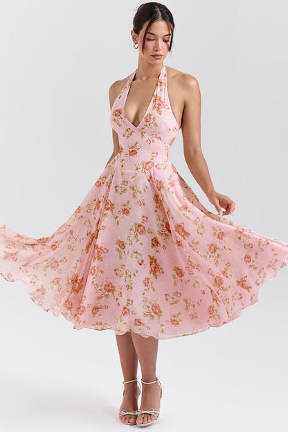 Pink – Romantic Floral Halter Vacation Dress
