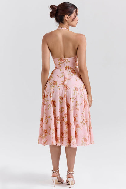 Pink – Romantic Floral Halter Vacation Dress