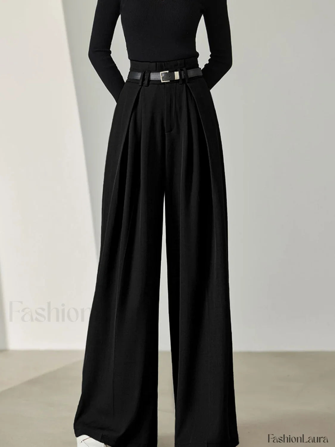 Solid Belted Pleated Wide Leg Pants