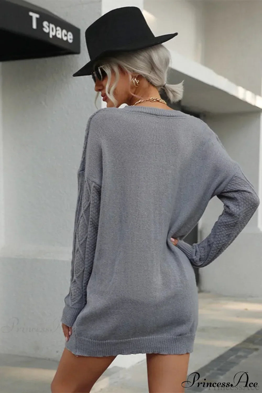 Cable Knit Belted V-Neck Long Sleeve Ribbed Sweater Mini Dress