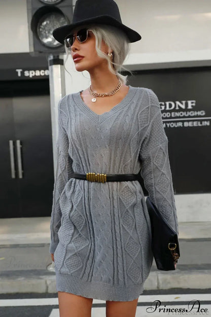 Cable Knit Belted V-Neck Long Sleeve Ribbed Sweater Mini Dress