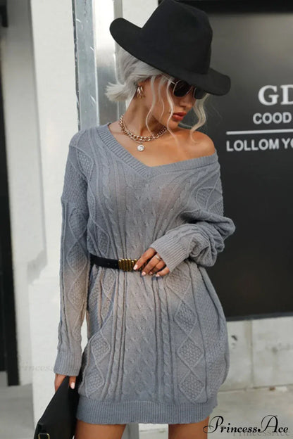 Cable Knit Belted V-Neck Long Sleeve Ribbed Sweater Mini Dress