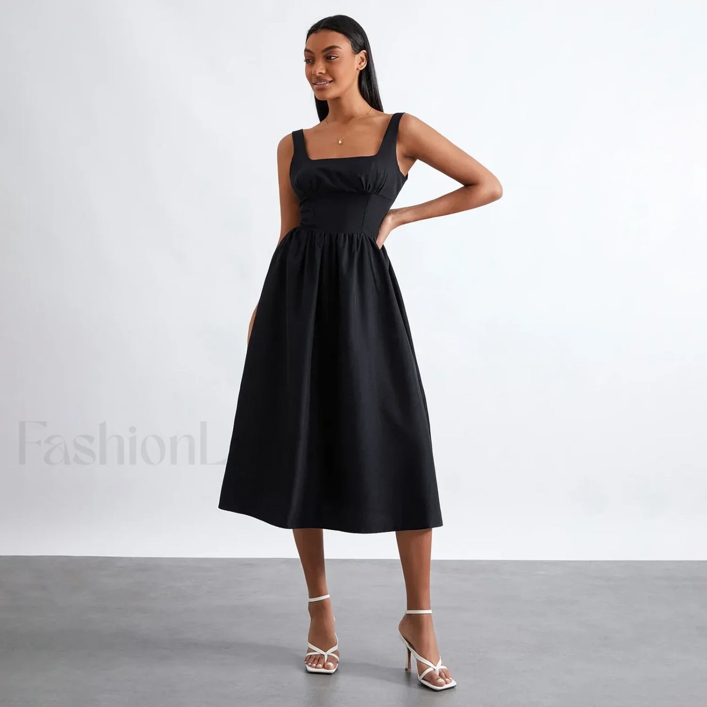 Solid Cami High-Waist Midi Dress