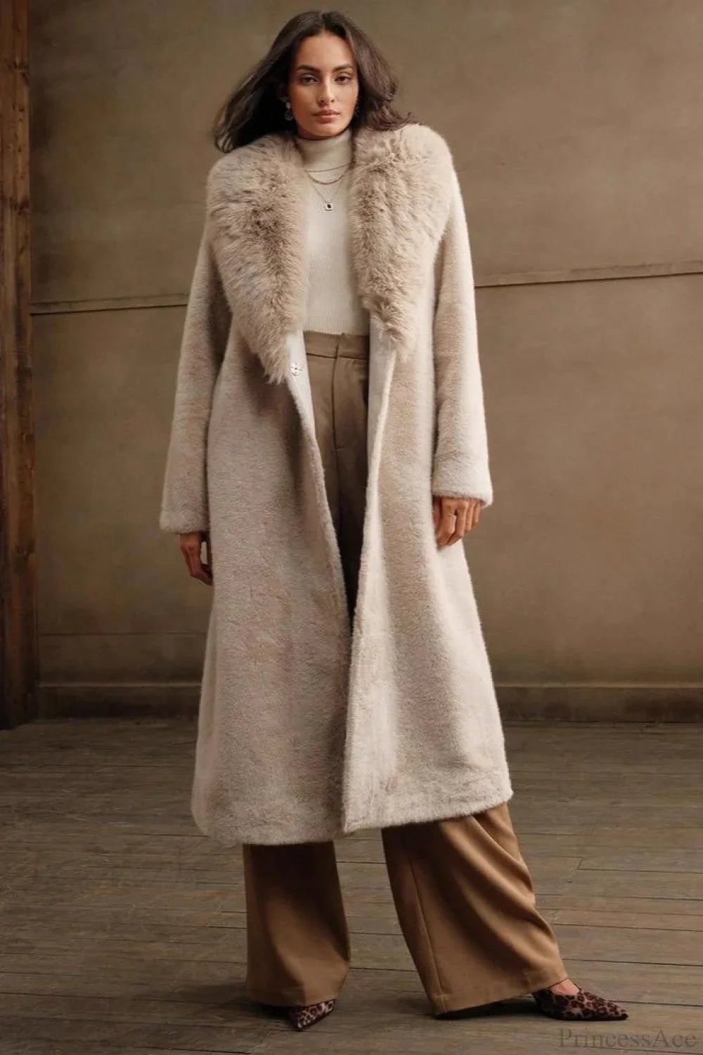 Solid Color Casual Furry Collar Faux Fur Overcoat