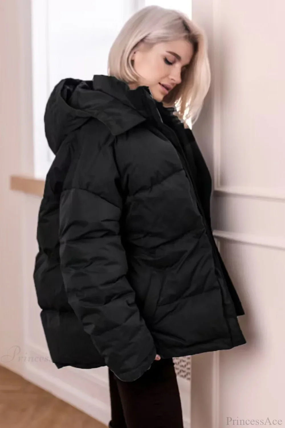 Solid Color Hooded Zippered Thickened Quilted Coat