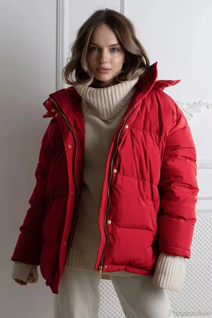 Solid Color Hooded Zippered Thickened Quilted Coat
