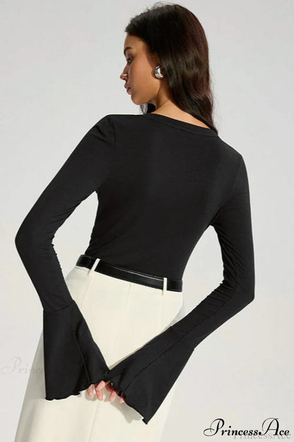 Solid Color Panel Flared Sleeve Ruffled Blouse