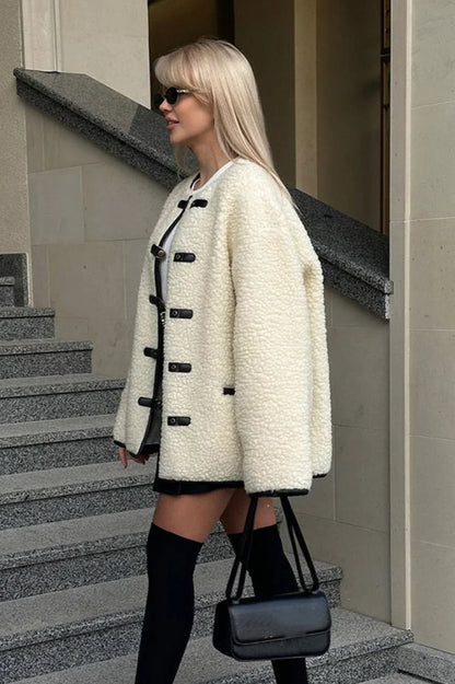 solid color Sherpa Horn Button Minimalist Coat