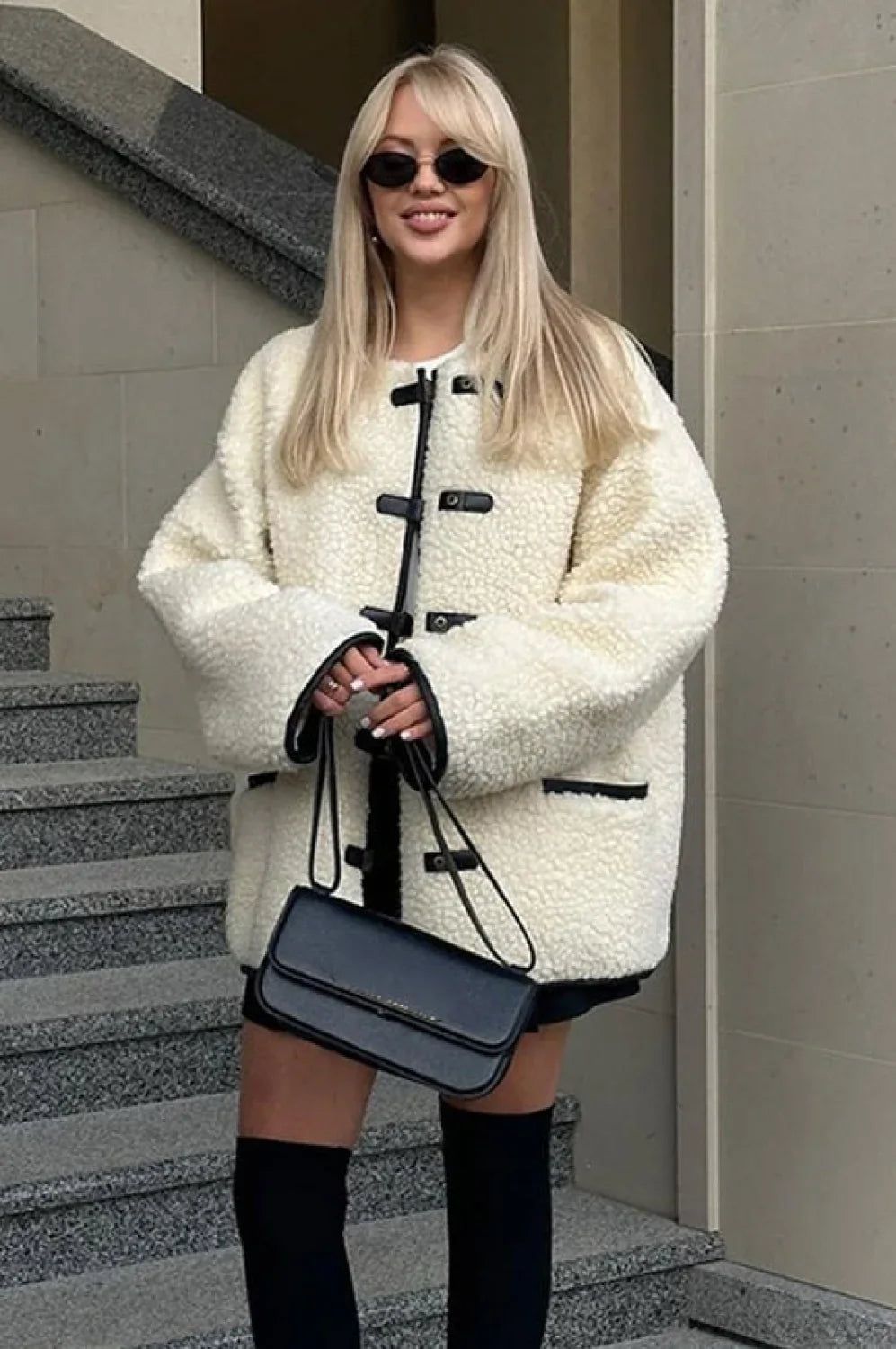 solid color Sherpa Horn Button Minimalist Coat