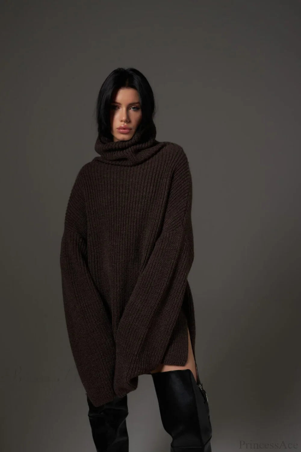 Solid Color Simple Turtleneck Pullover Mid length Knit Sweater