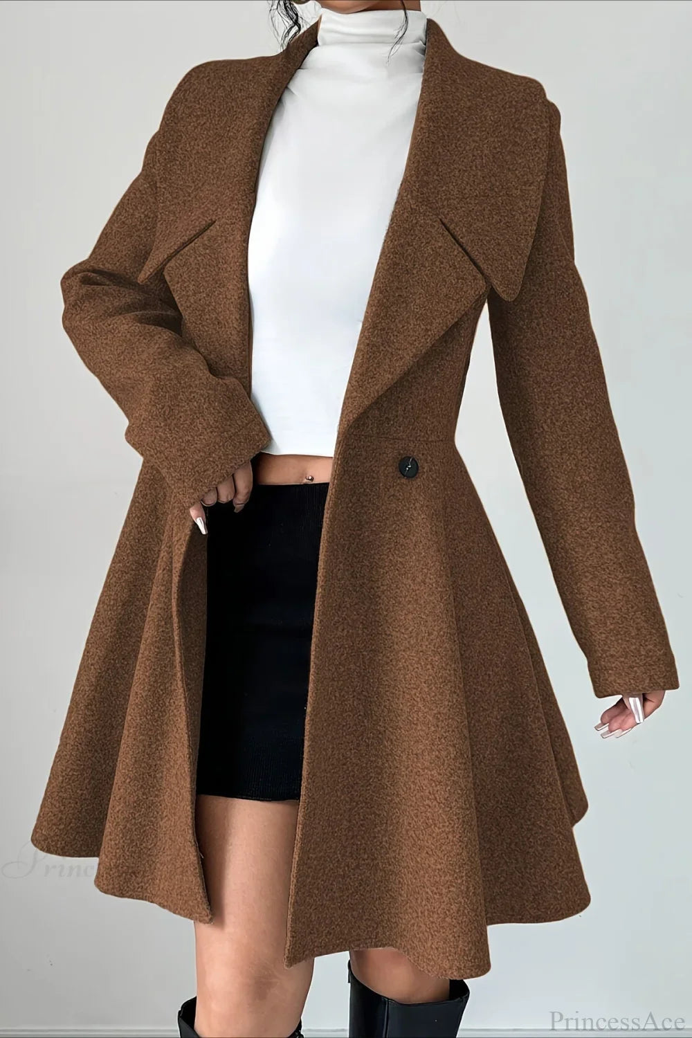 Solid Color Wool Tie Waist Elegant Long Sleeve Overcoat