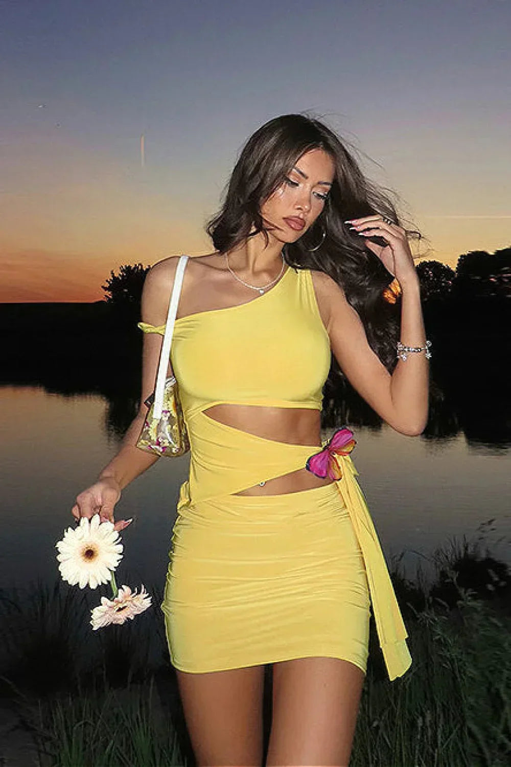 One Shoulder Cut Out Butterfly Applique Bow Tie Mini Dress
