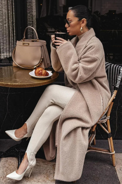 Solid Elegant Minimalist Warm Notched Collar Teddy Overcoat