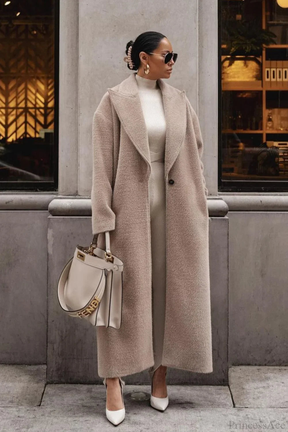 Solid Elegant Minimalist Warm Notched Collar Teddy Overcoat