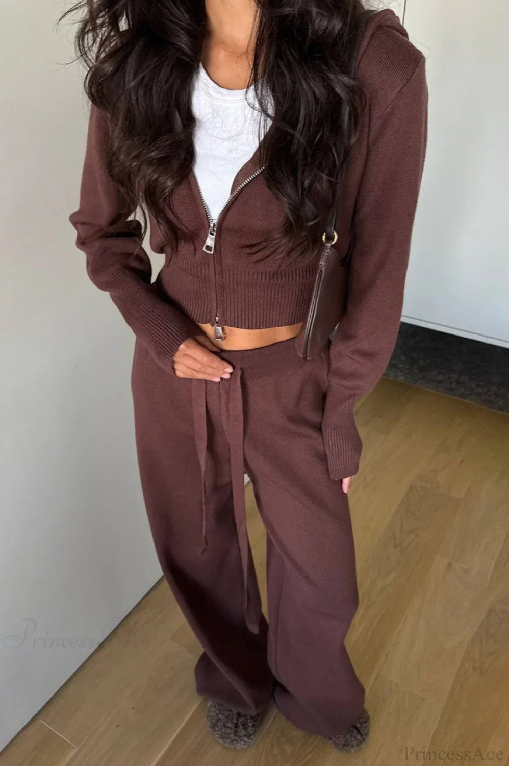 Solid Knit Short Zip Jacket Relaxed Pants Two Piece Set