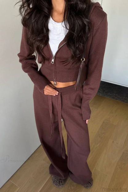 Solid Knit Short Zip Jacket Relaxed Pants Two Piece Set