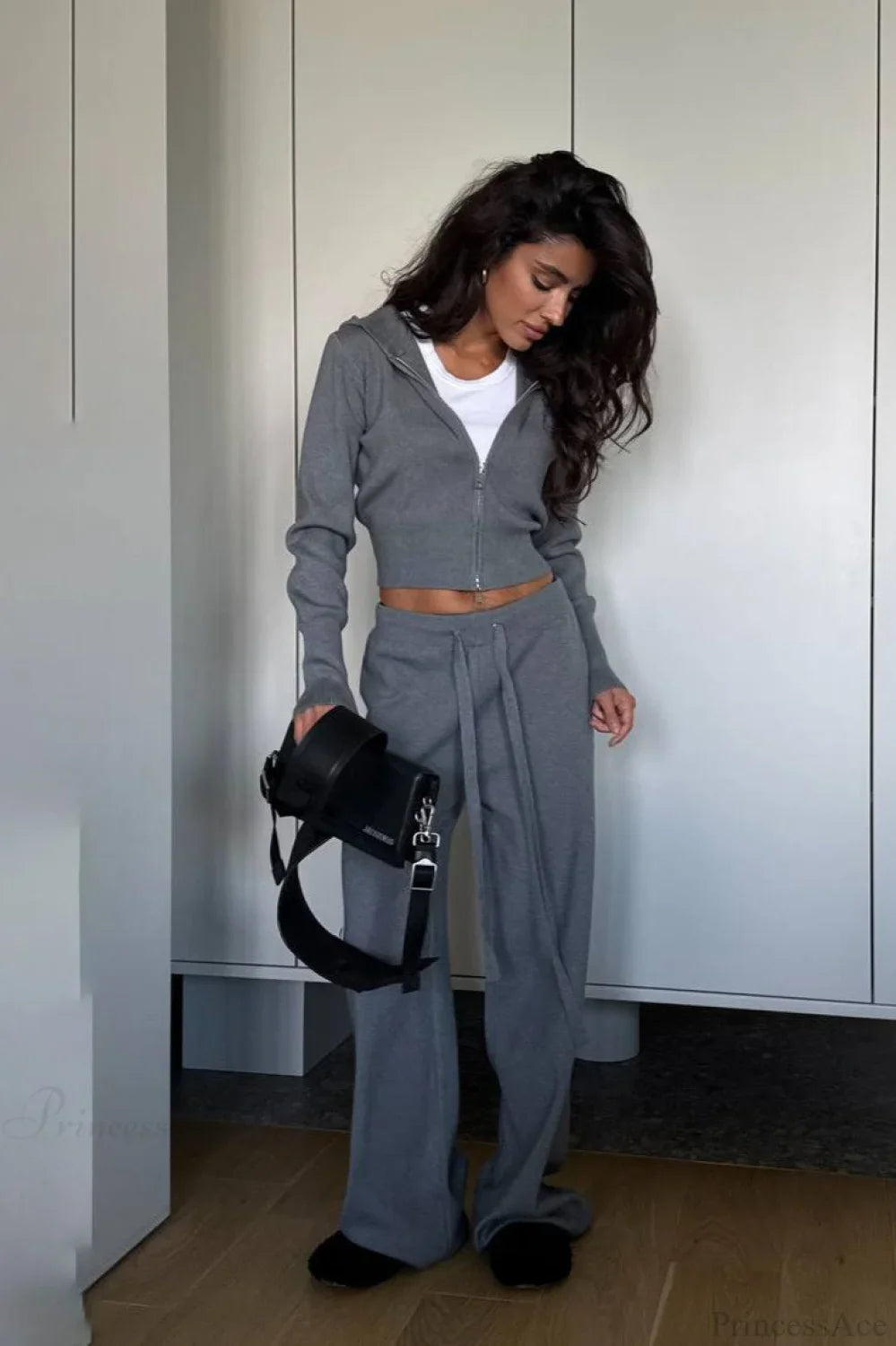 Solid Knit Short Zip Jacket Relaxed Pants Two Piece Set