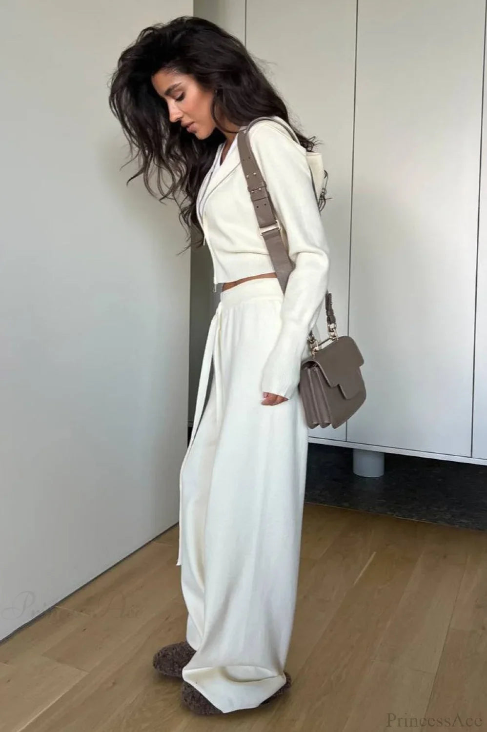 Solid Knit Short Zip Jacket Relaxed Pants Two Piece Set