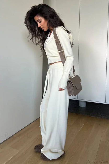 Solid Knit Short Zip Jacket Relaxed Pants Two Piece Set