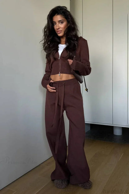 Solid Knit Short Zip Jacket Relaxed Pants Two Piece Set